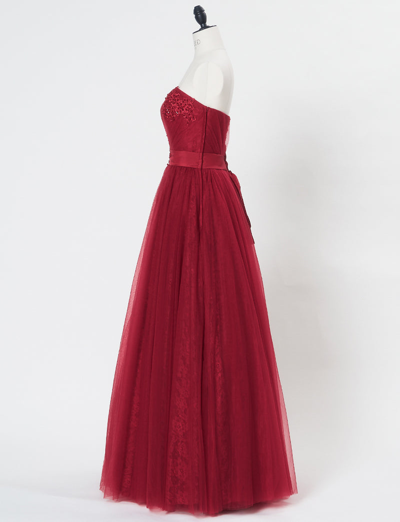 TWEED DRESS(ツイードドレス)のダークレッドロングドレス・チュール｜TH1454-DRDのトルソー全身側面画像です。