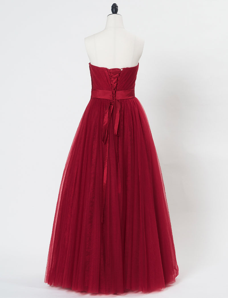 TWEED DRESS(ツイードドレス)のダークレッドロングドレス・チュール｜TH1454-DRDのトルソー全身背面画像です。