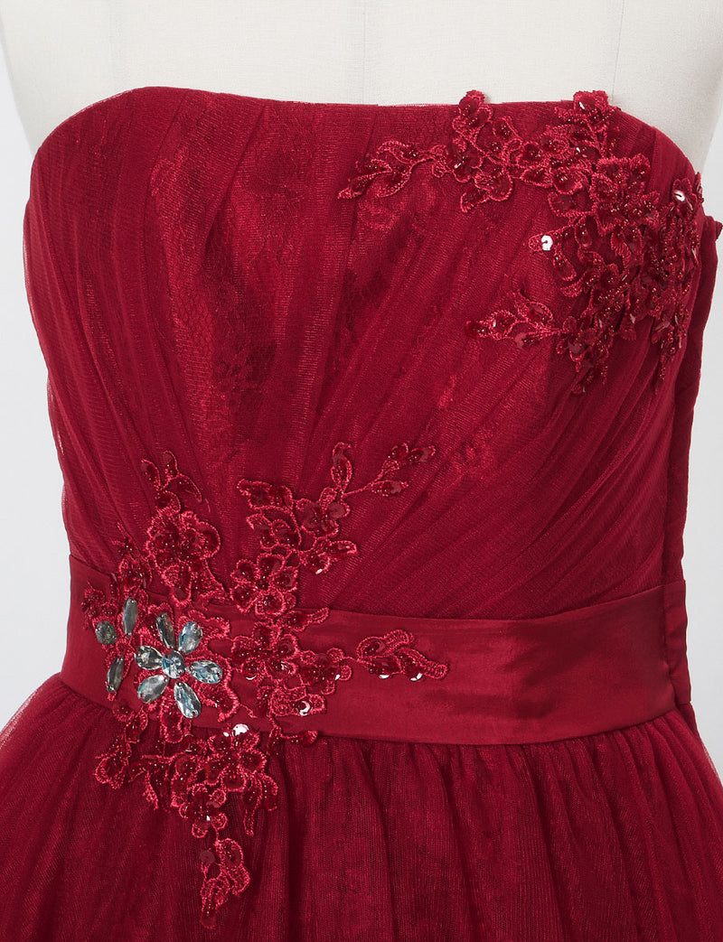 TWEED DRESS(ツイードドレス)のダークレッドロングドレス・チュール｜TH1454-DRDのトルソー上半身正面画像です。