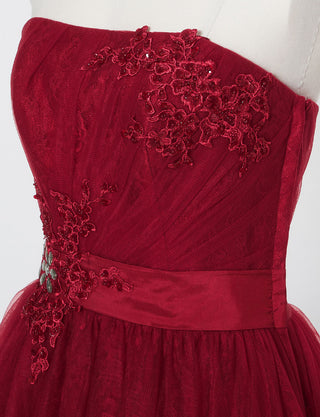 TWEED DRESS(ツイードドレス)のダークレッドロングドレス・チュール｜TH1454-DRDのトルソー上半身斜め画像です。