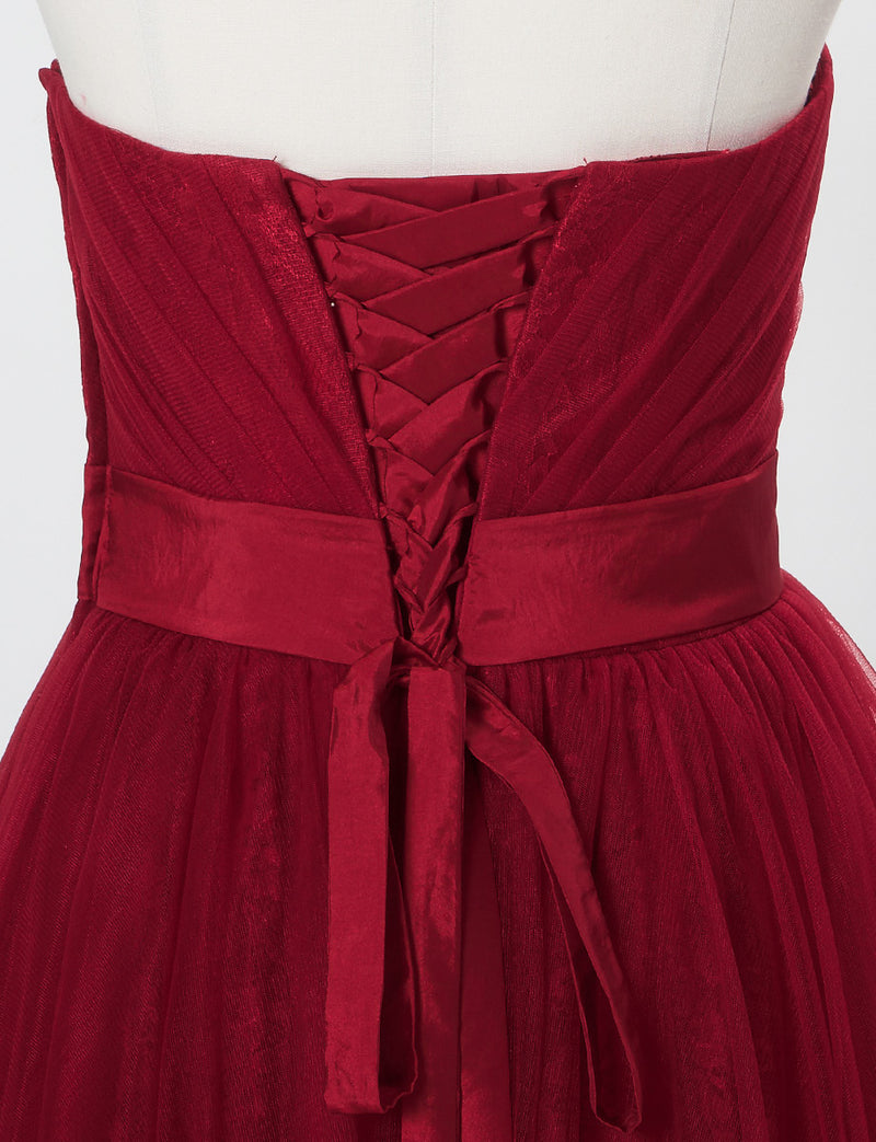 TWEED DRESS(ツイードドレス)のダークレッドロングドレス・チュール｜TH1454-DRDのトルソー上半身背面画像です。