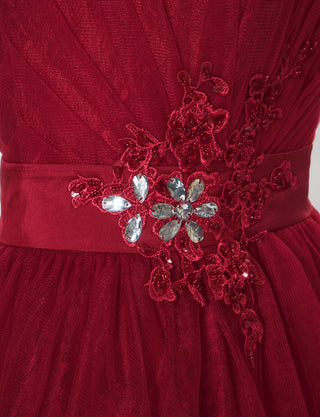 TWEED DRESS(ツイードドレス)のダークレッドロングドレス・チュール｜TH1454-DRDの上半身ウエスト装飾拡大画像です。