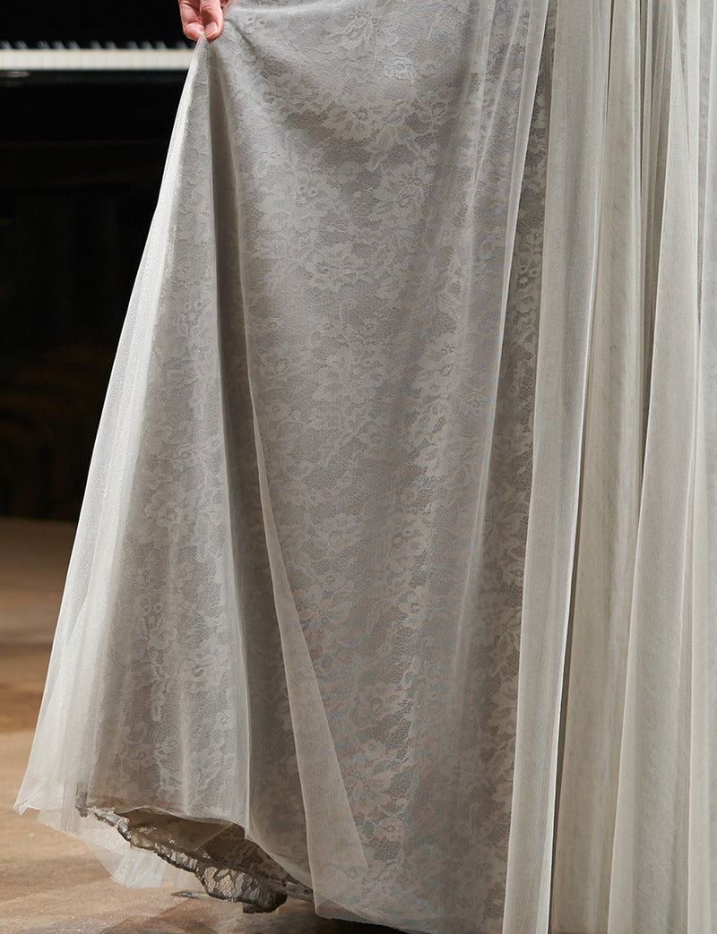 TWEED DRESS(ツイードドレス)のペールグレーロングドレス・チュール｜TH1454-PGYのスカート拡大画像です。
