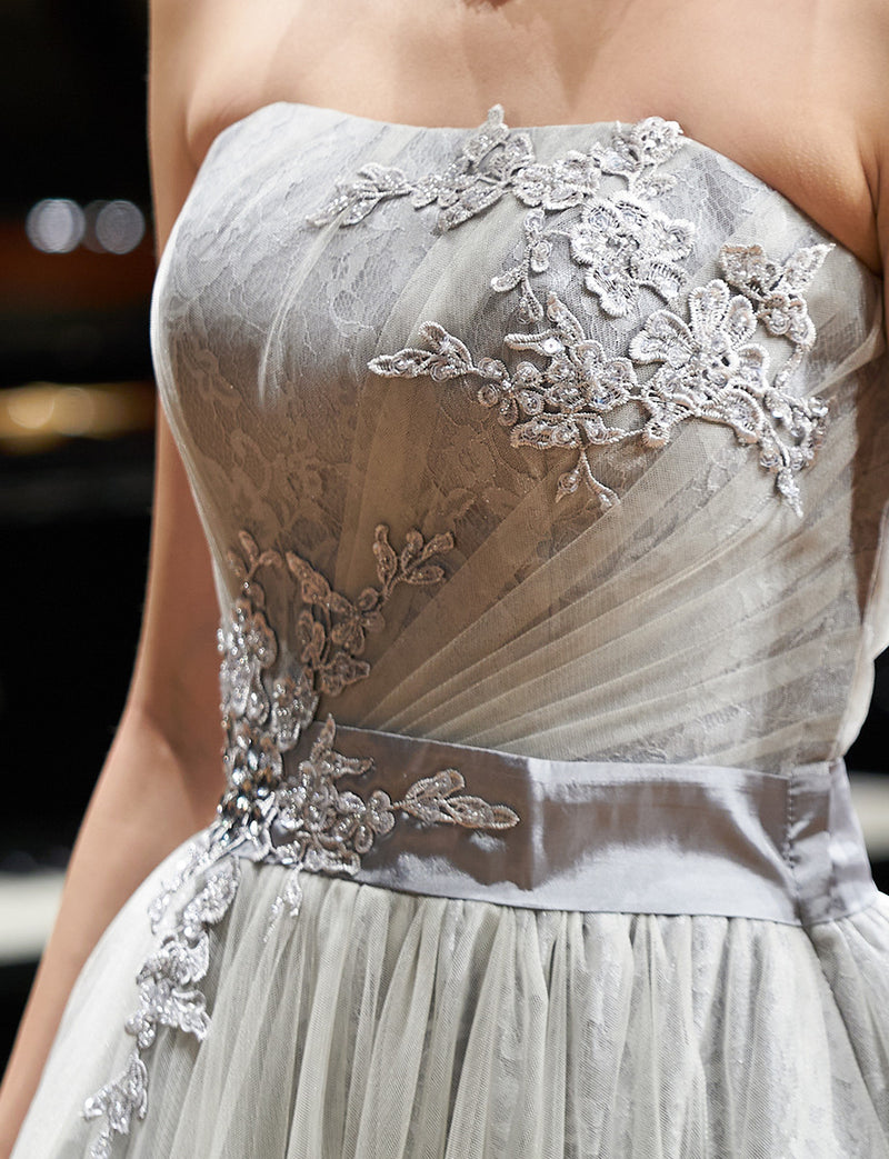 TWEED DRESS(ツイードドレス)のペールグレーロングドレス・チュール｜TH1454-PGYの上半身装飾拡大画像です。