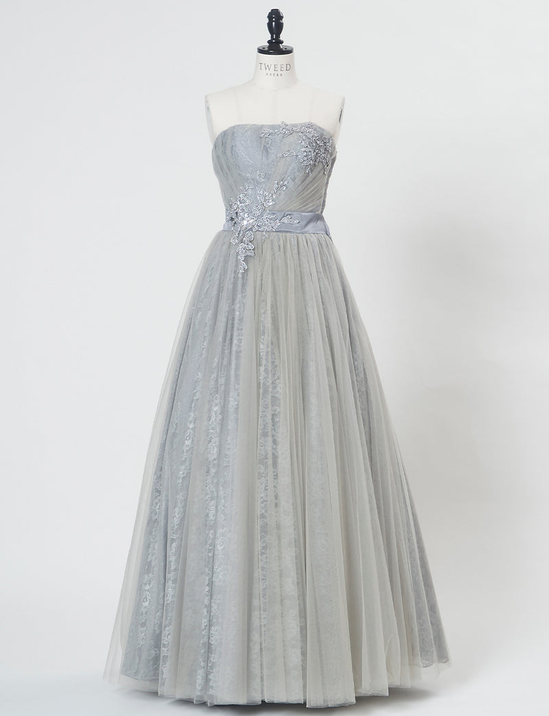 TWEED DRESS(ツイードドレス)のペールグレーロングドレス・チュール｜TH1454-PGYのトルソー全身正面画像です。