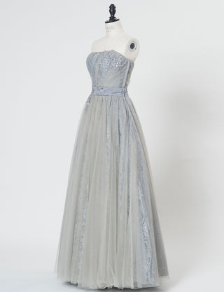 TWEED DRESS(ツイードドレス)のペールグレーロングドレス・チュール｜TH1454-PGYのトルソー全身斜め画像です。