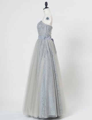 TWEED DRESS(ツイードドレス)のペールグレーロングドレス・チュール｜TH1454-PGYのトルソー全身側面画像です。