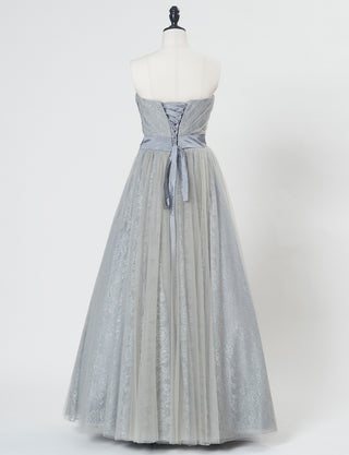 TWEED DRESS(ツイードドレス)のペールグレーロングドレス・チュール｜TH1454-PGYのトルソー全身背面画像です。
