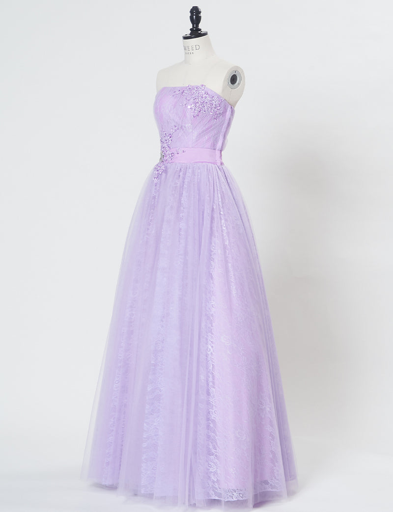 TWEED DRESS(ツイードドレス)のペールラベンダーロングドレス・チュール｜TH1454-PLVのトルソー全身斜め画像です。