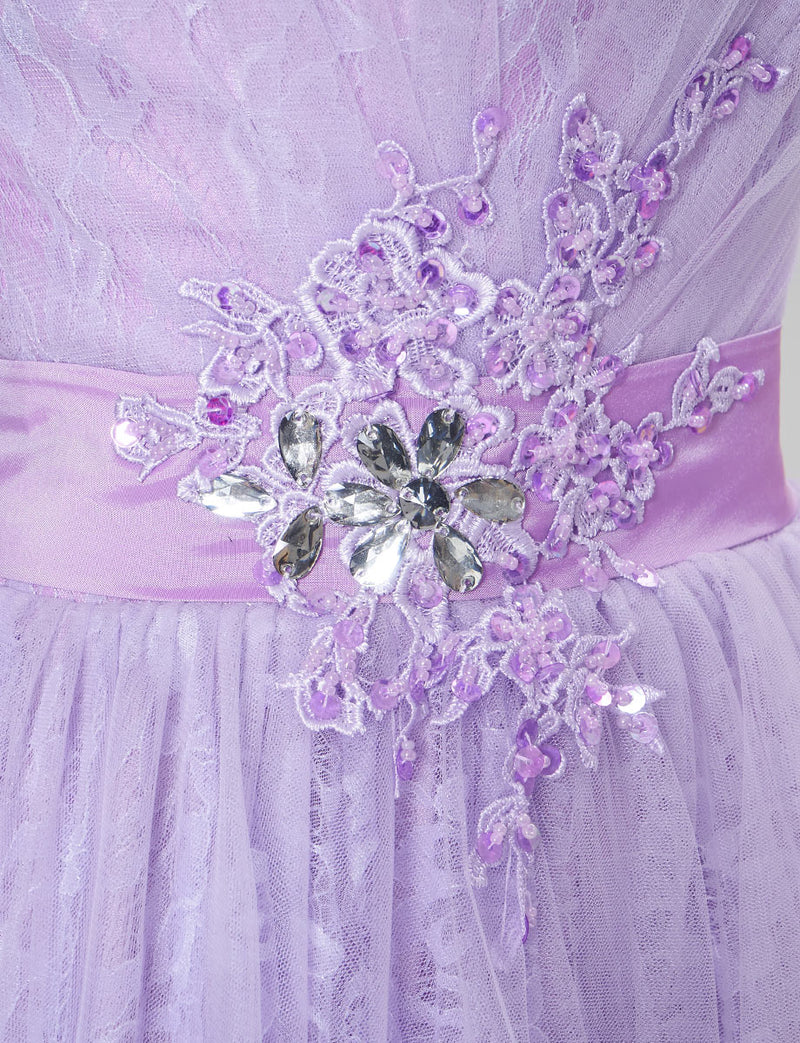 TWEED DRESS(ツイードドレス)のペールラベンダーロングドレス・チュール｜TH1454-PLVの上半身ウエスト装飾拡大画像です。