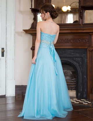 TWEED DRESS(ツイードドレス)のアイスブルーロングドレス・チュール｜TM1602-IBLの全身背面画像です。