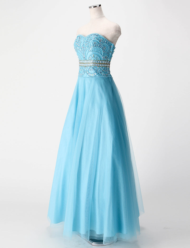 TWEED DRESS(ツイードドレス)のアイスブルーロングドレス・チュール｜TM1602-IBLのトルソー全身斜め画像です。