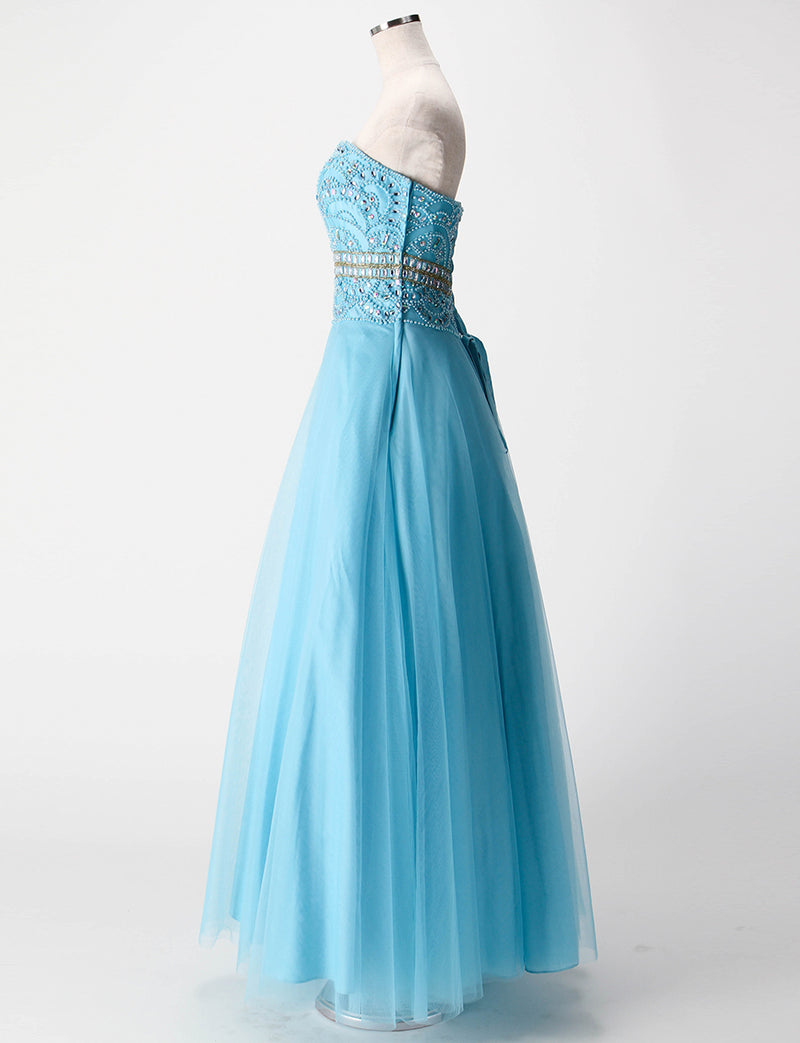 TWEED DRESS(ツイードドレス)のアイスブルーロングドレス・チュール｜TM1602-IBLのトルソー全身側面画像です。