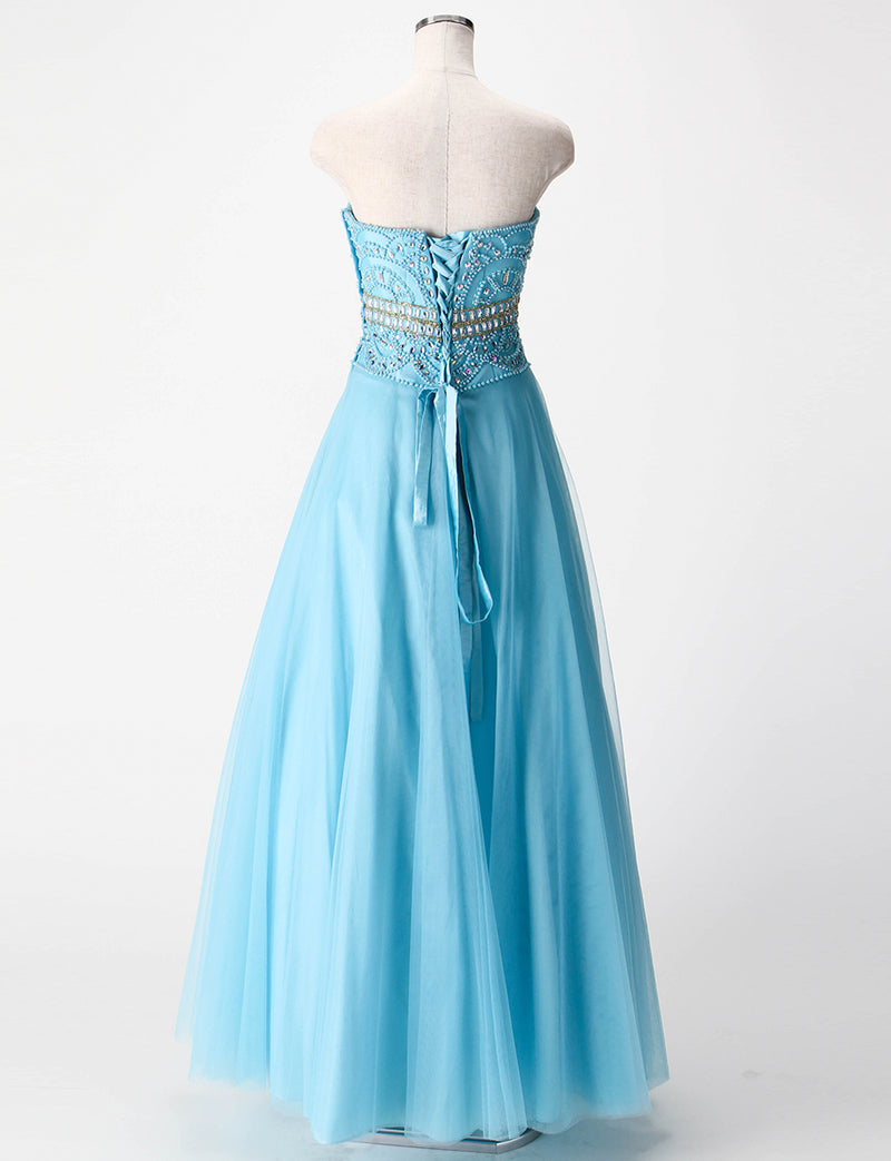 TWEED DRESS(ツイードドレス)のアイスブルーロングドレス・チュール｜TM1602-IBLのトルソー全身背面画像です。