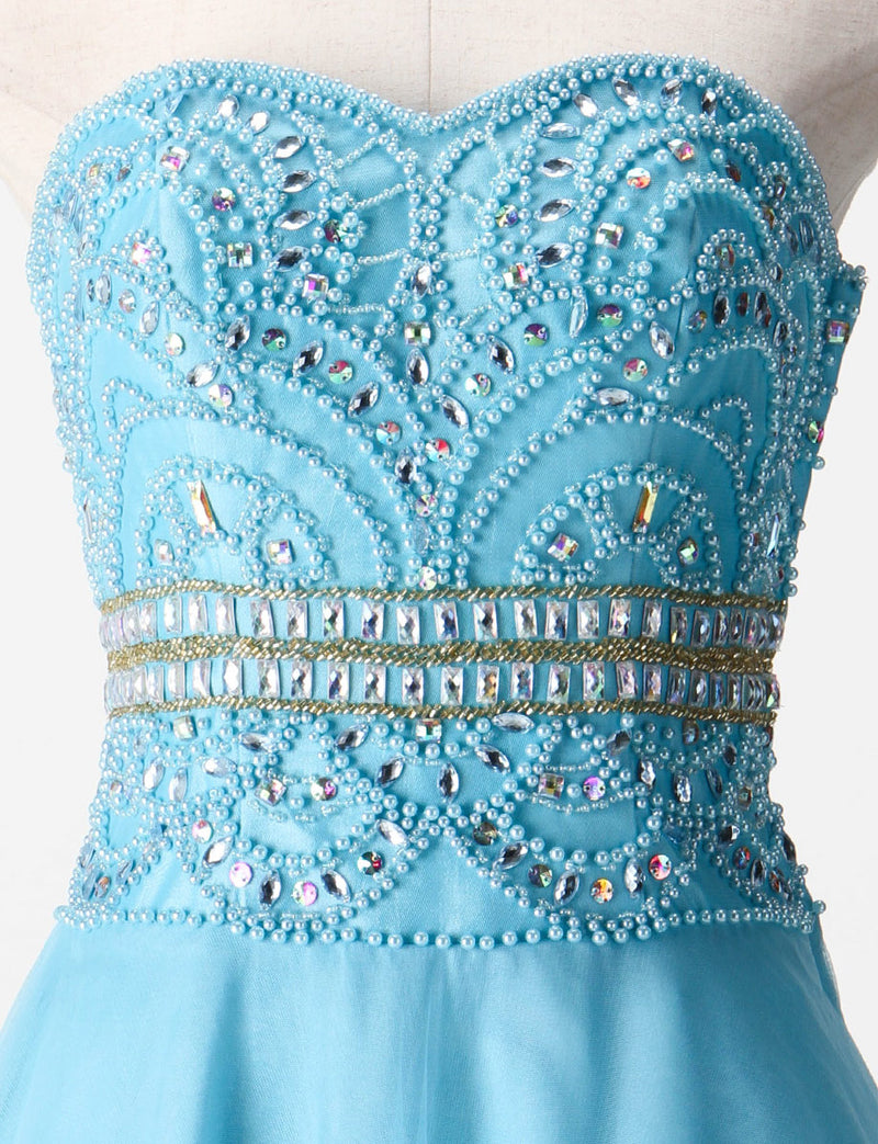 TWEED DRESS(ツイードドレス)のアイスブルーロングドレス・チュール｜TM1602-IBLのトルソー上半身正面画像です。