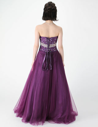 TWEED DRESS(ツイードドレス)のプラムロングドレス・チュール｜TM1602-PMの全身背面画像です。