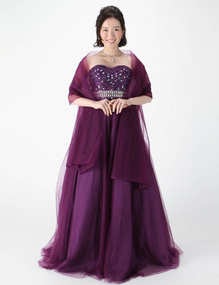 TWEED DRESS(ツイードドレス)のプラムロングドレス・チュール｜TM1602-PMの全身正面ストール着用画像です。