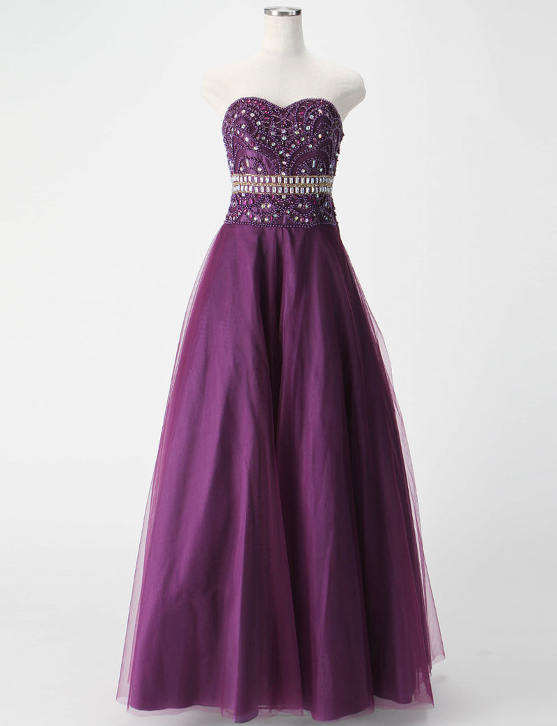 TWEED DRESS(ツイードドレス)のプラムロングドレス・チュール｜TM1602-PMのトルソー全身正面画像です。