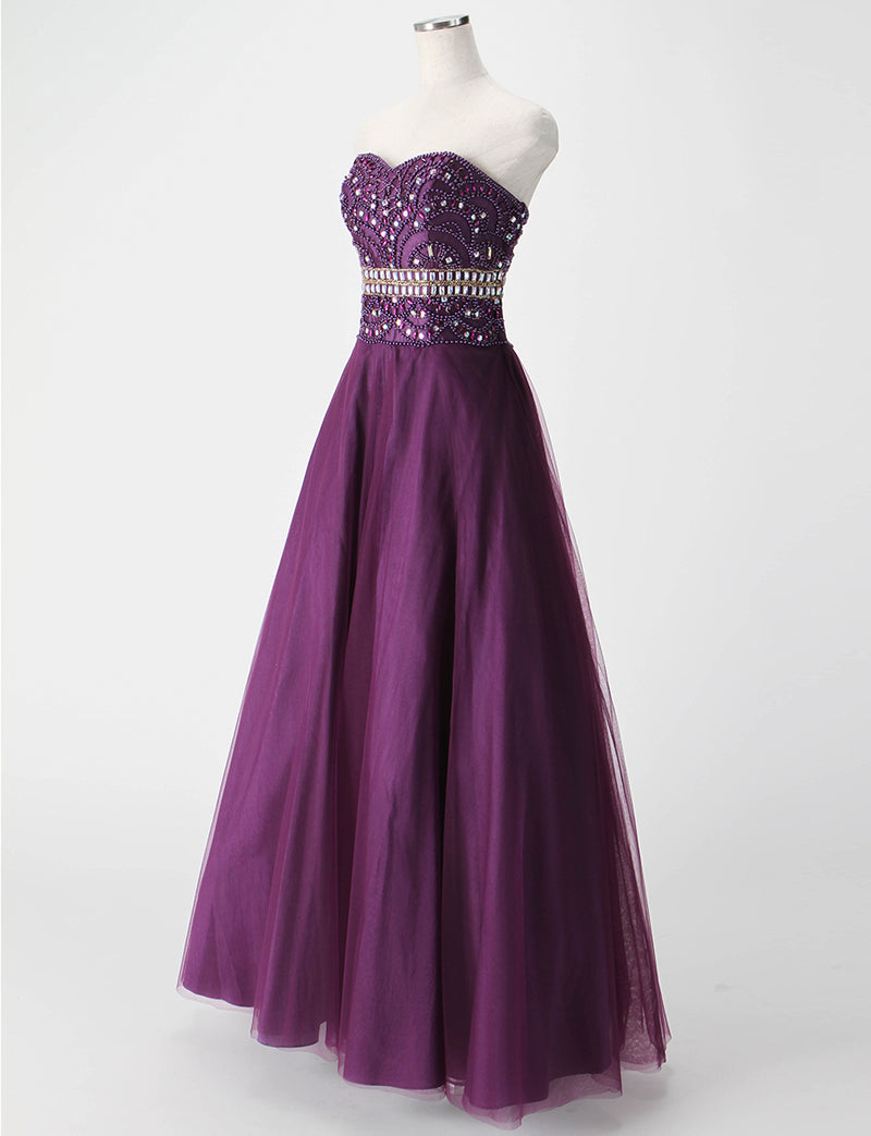 TWEED DRESS(ツイードドレス)のプラムロングドレス・チュール｜TM1602-PMのトルソー全身斜め画像です。