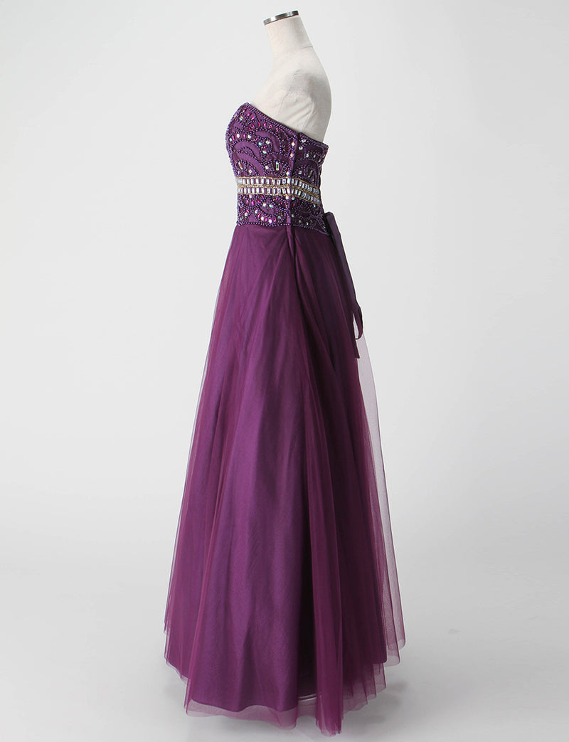 TWEED DRESS(ツイードドレス)のプラムロングドレス・チュール｜TM1602-PMのトルソー全身側面画像です。