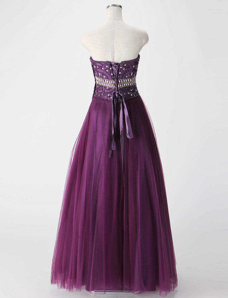 TWEED DRESS(ツイードドレス)のプラムロングドレス・チュール｜TM1602-PMのトルソー全身背面画像です。