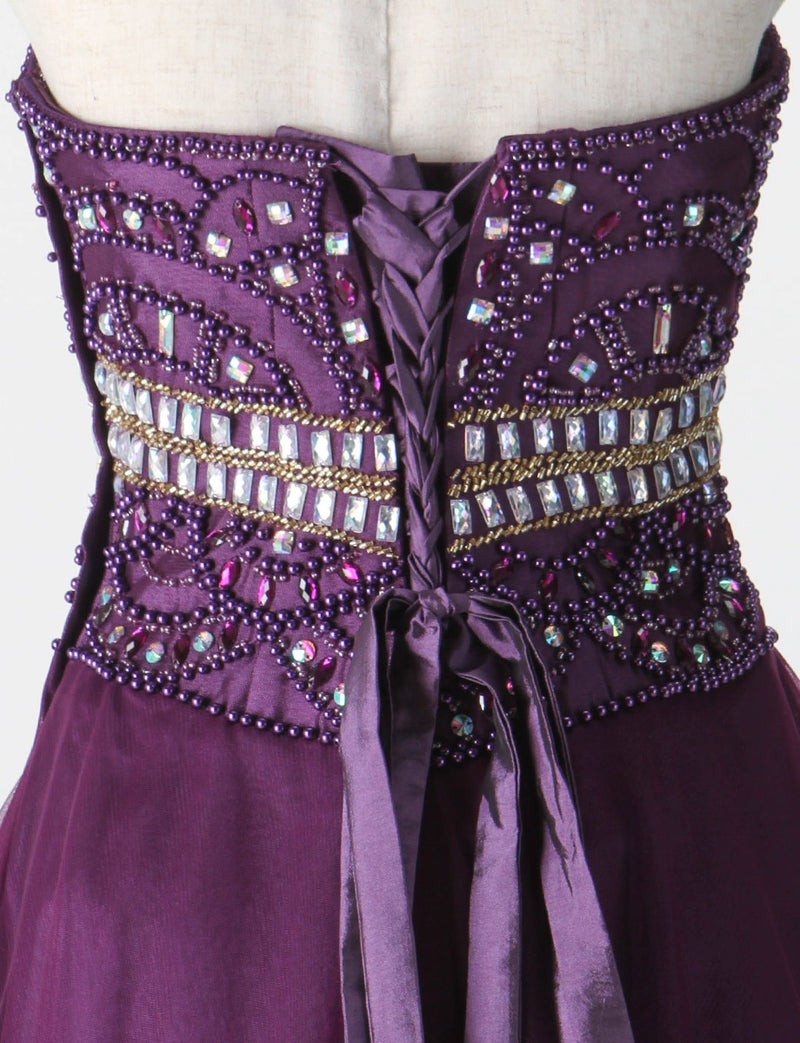 TWEED DRESS(ツイードドレス)のプラムロングドレス・チュール｜TM1602-PMのトルソー上半身背面画像です。
