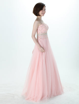 TWEED DRESS(ツイードドレス)のペールピンクロングドレス・チュール｜TM1602-PPKの全身斜め画像です。