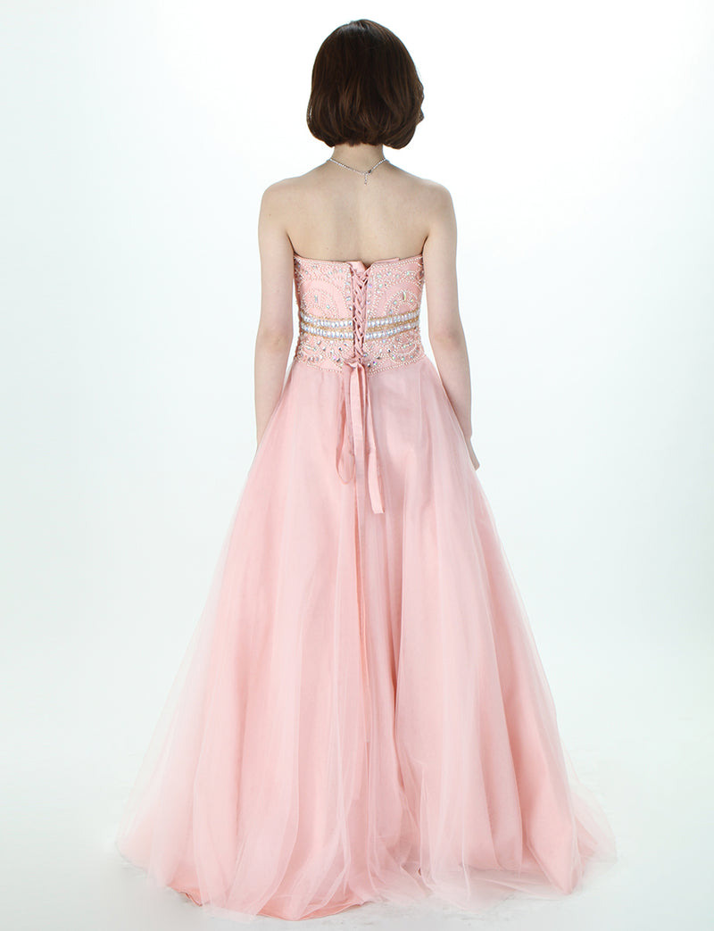 TWEED DRESS(ツイードドレス)のペールピンクロングドレス・チュール｜TM1602-PPKの全身背面画像です。
