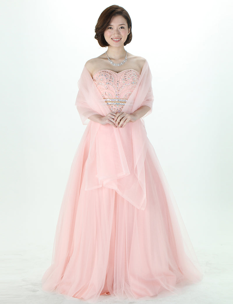 TWEED DRESS(ツイードドレス)のペールピンクロングドレス・チュール｜TM1602-PPKの全身正面ストール着用画像です。