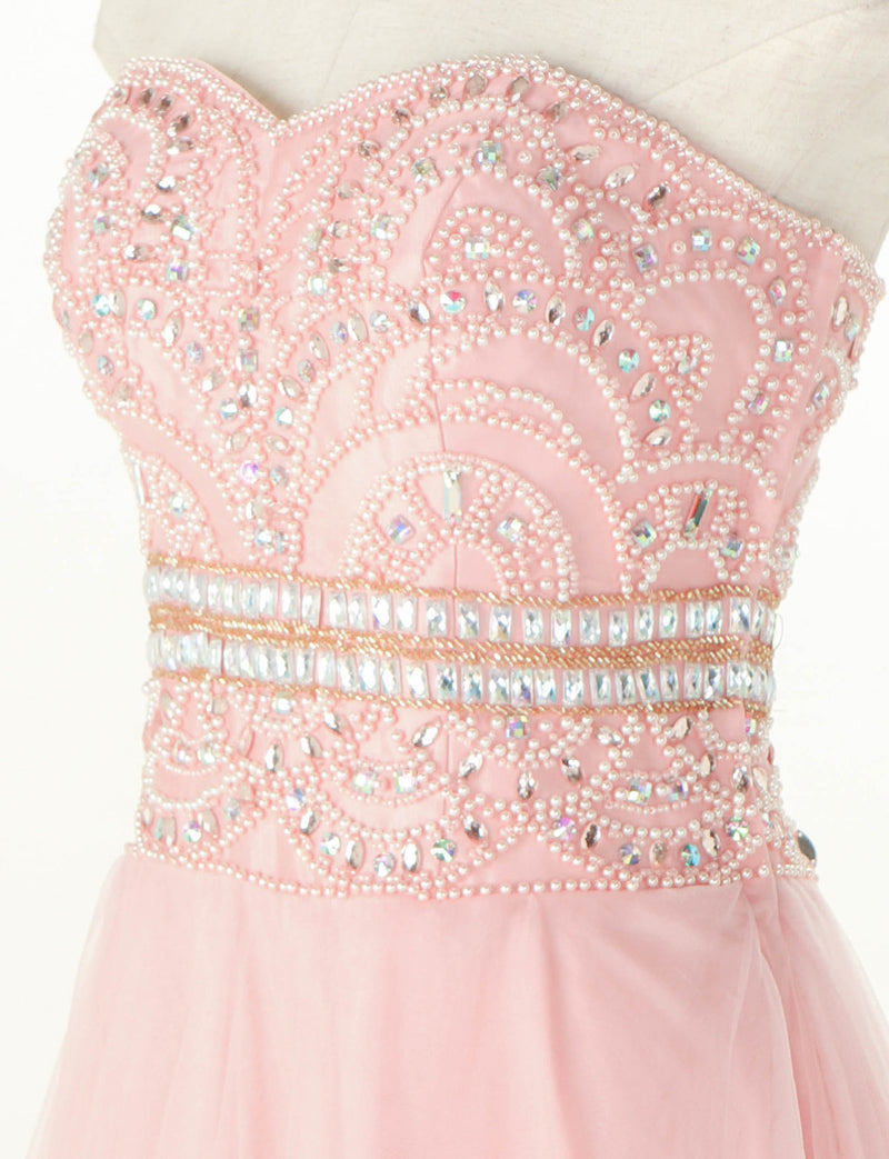 TWEED DRESS(ツイードドレス)のペールピンクロングドレス・チュール｜TM1602-PPKのトルソー上半身斜め画像です。