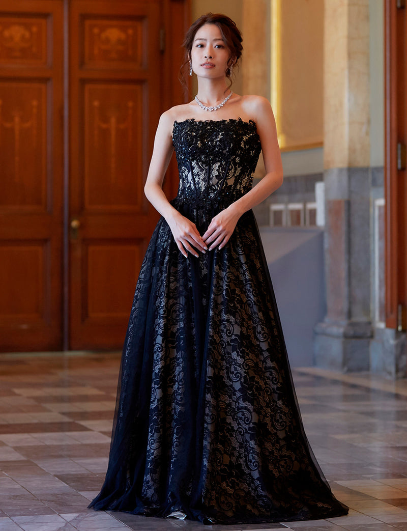 TWEED DRESS(ツイードドレス)のブラックロングドレス・チュール｜TM1612-BKの全身正面画像です。