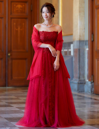 TWEED DRESS(ツイードドレス)のダークレッドロングドレス・チュール｜TM1612-DRDの全身正面ストール着用画像です。
