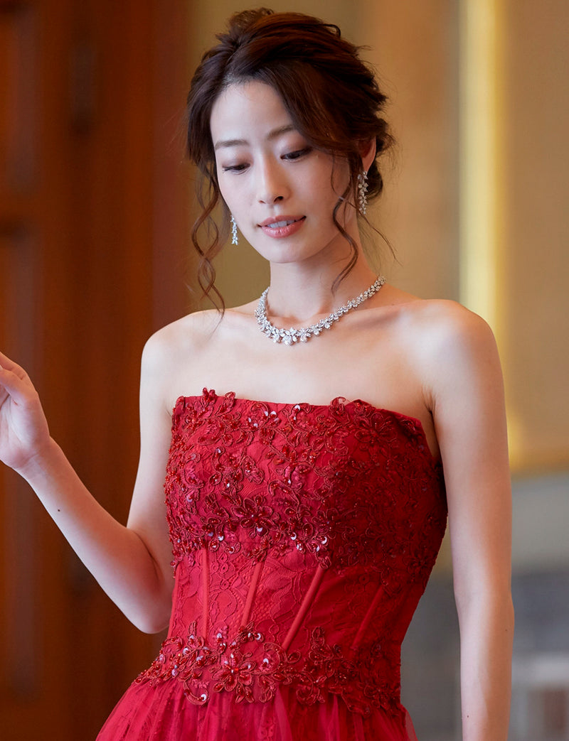 TWEED DRESS(ツイードドレス)のダークレッドロングドレス・チュール｜TM1612-DRDの上半身斜め画像です。