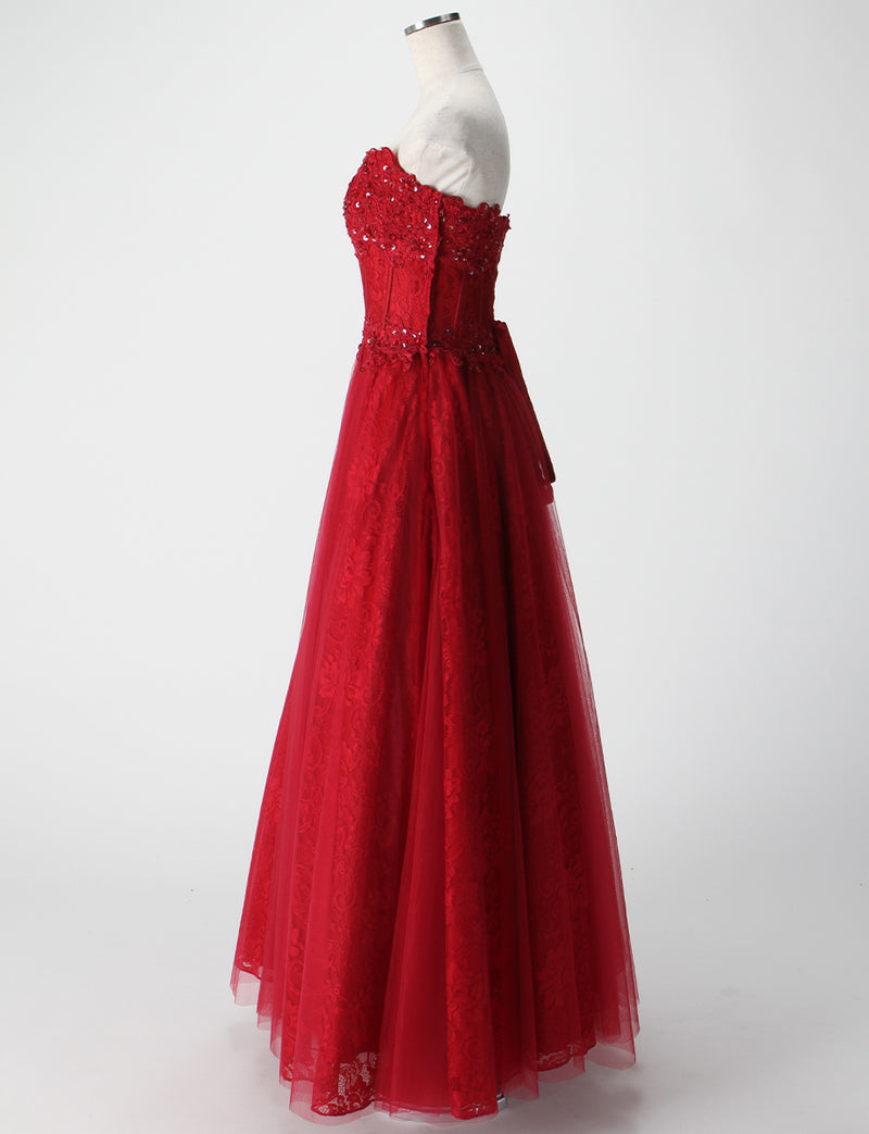 TWEED DRESS(ツイードドレス)のダークレッドロングドレス・チュール｜TM1612-DRDのトルソー全身側面画像です。