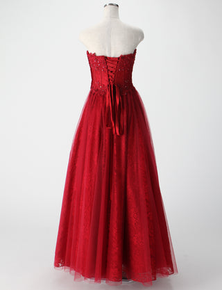 TWEED DRESS(ツイードドレス)のダークレッドロングドレス・チュール｜TM1612-DRDのトルソー全身背面画像です。