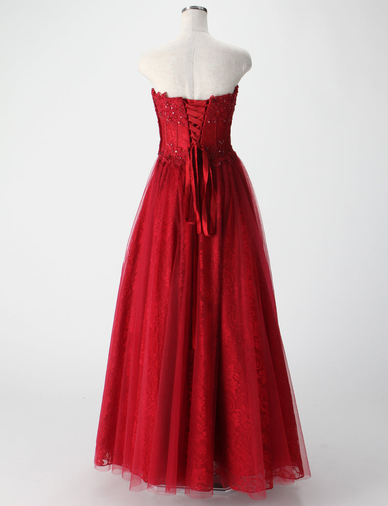 TWEED DRESS(ツイードドレス)のダークレッドロングドレス・チュール｜TM1612-DRDのトルソー全身背面画像です。