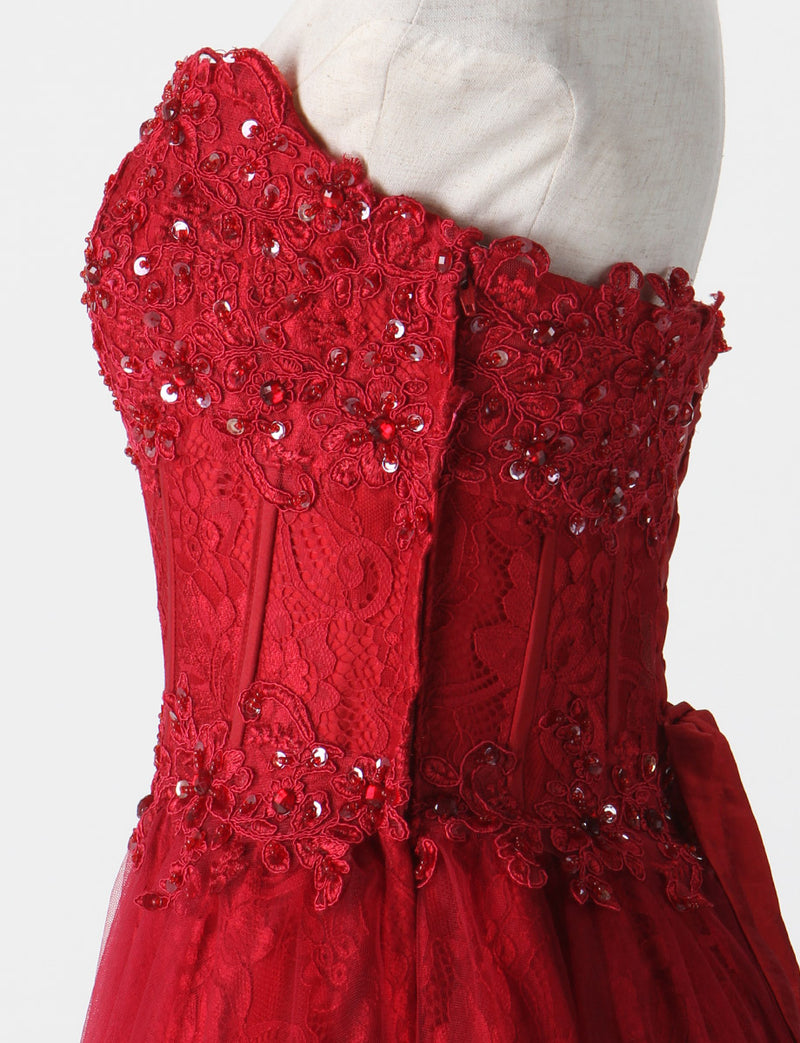 TWEED DRESS(ツイードドレス)のダークレッドロングドレス・チュール｜TM1612-DRDのトルソー上半身側面画像です。