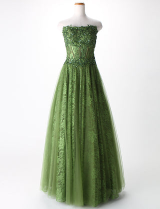 TWEED DRESS(ツイードドレス)のカーキロングドレス・チュール｜TM1612-KIのトルソー全身正面画像です。