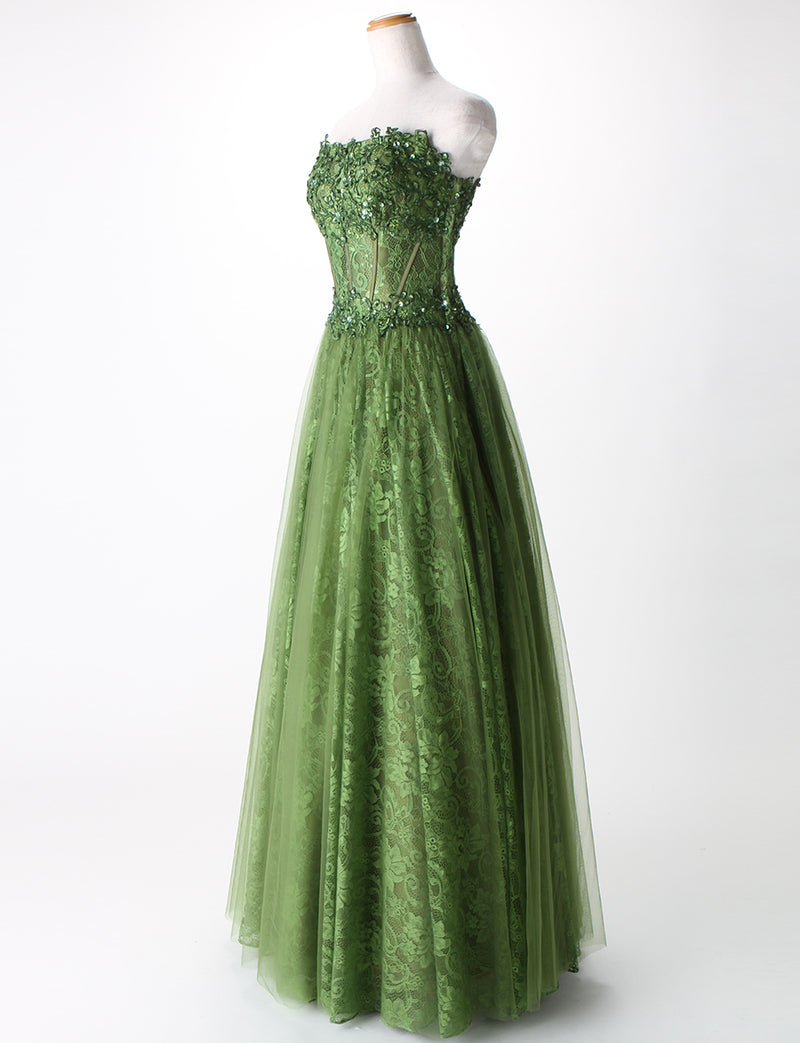TWEED DRESS(ツイードドレス)のカーキロングドレス・チュール｜TM1612-KIのトルソー全身斜め画像です。