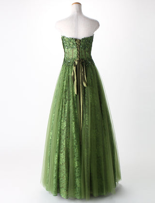 TWEED DRESS(ツイードドレス)のカーキロングドレス・チュール｜TM1612-KIのトルソー全身背面画像です。