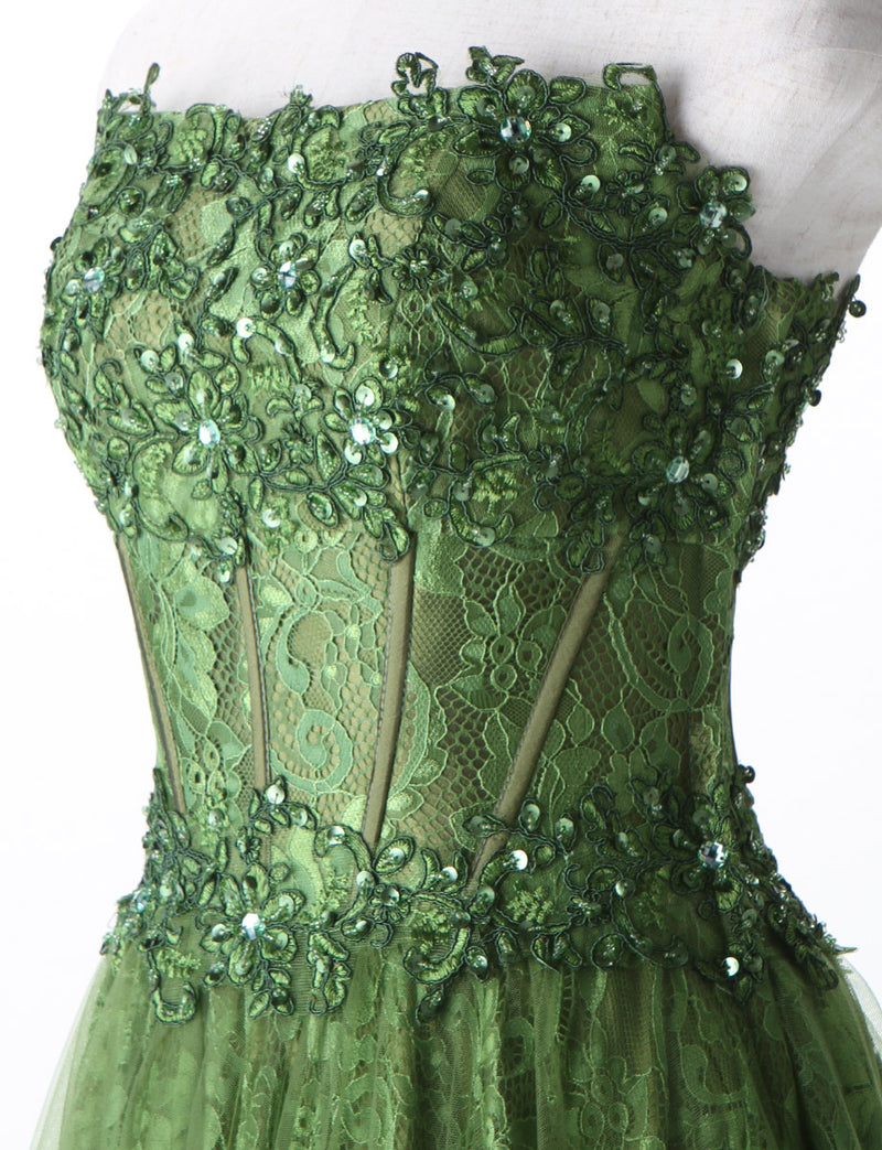 TWEED DRESS(ツイードドレス)のカーキロングドレス・チュール｜TM1612-KIのトルソー上半身斜め画像です。