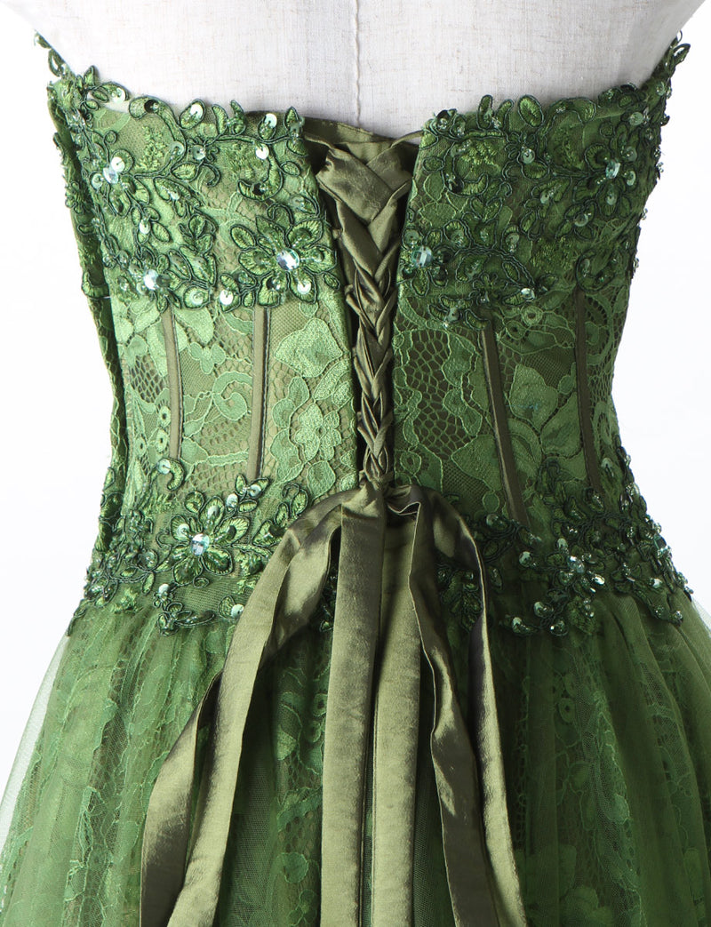 TWEED DRESS(ツイードドレス)のカーキロングドレス・チュール｜TM1612-KIのトルソー上半身背面画像です。