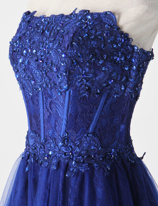 TWEED DRESS(ツイードドレス)のロイヤルブルーロングドレス・チュール｜TM1612-RBLのトルソー上半身斜め画像です。