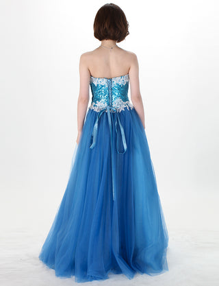 TWEED DRESS(ツイードドレス)のスカイブルーロングドレス・チュール｜TM1614-SBLの全身背面画像です。