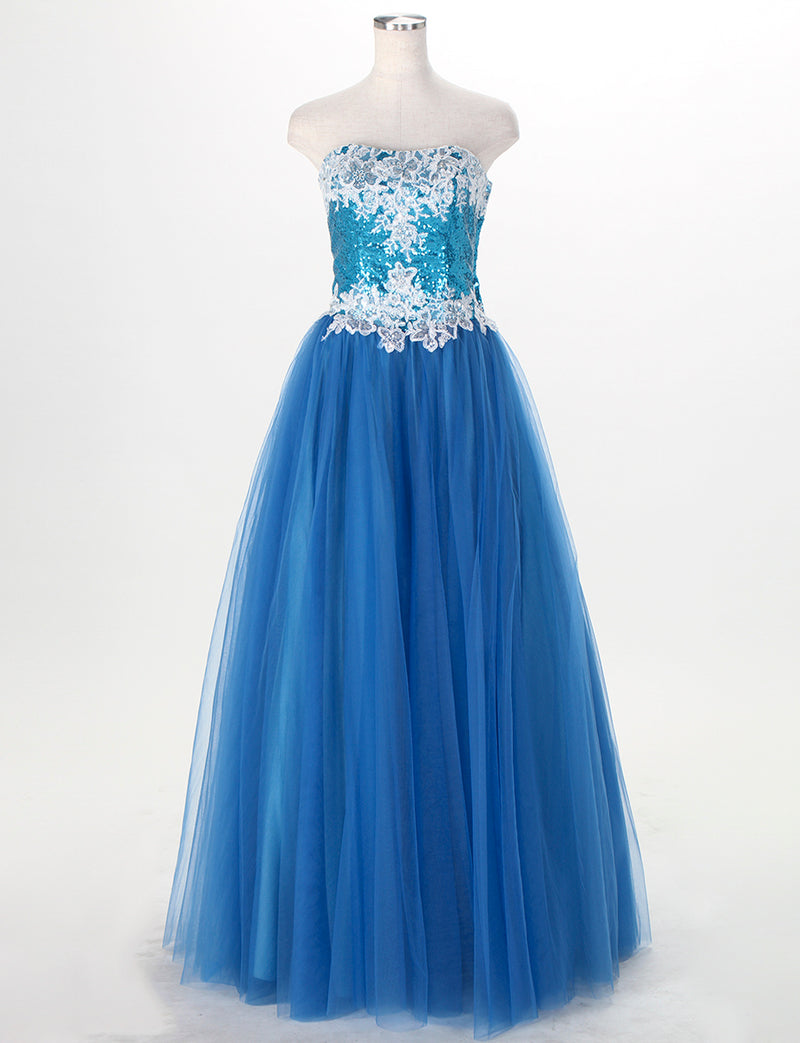 TWEED DRESS(ツイードドレス)のスカイブルーロングドレス・チュール｜TM1614-SBLのトルソー全身正面画像です。