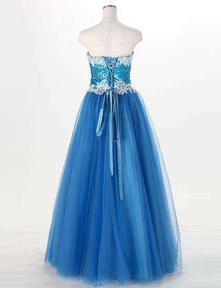 TWEED DRESS(ツイードドレス)のスカイブルーロングドレス・チュール｜TM1614-SBLのトルソー全身背面画像です。