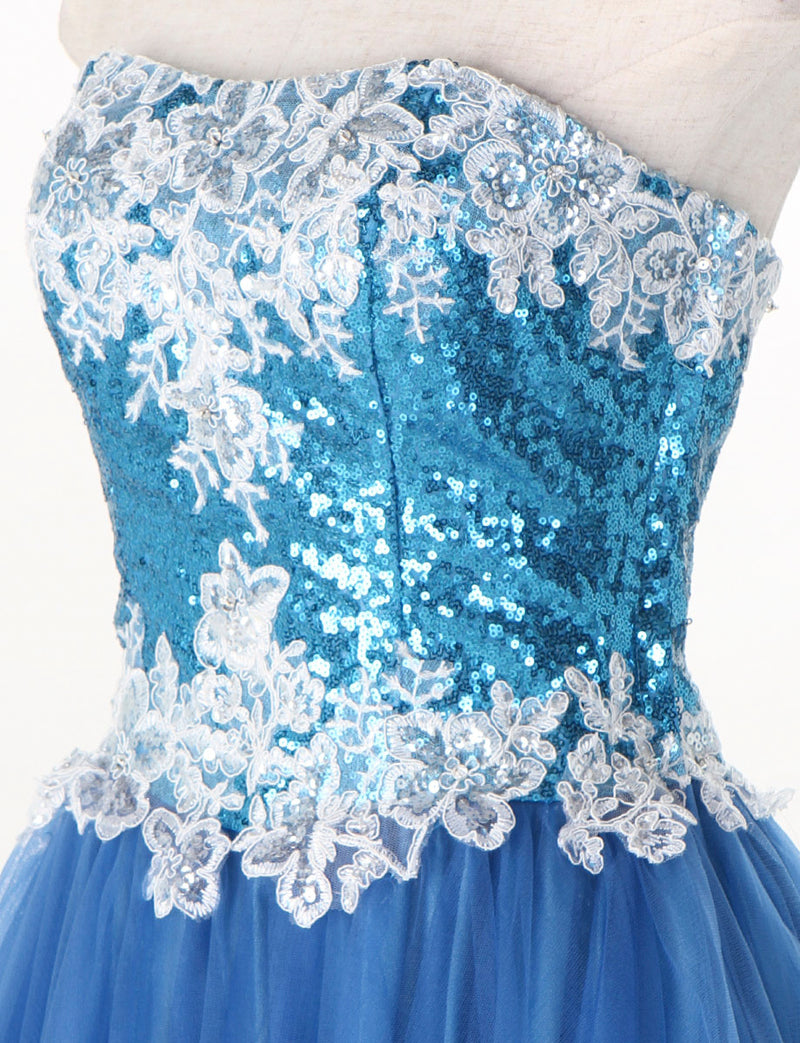 TWEED DRESS(ツイードドレス)のスカイブルーロングドレス・チュール｜TM1614-SBLのトルソー上半身斜め画像です。