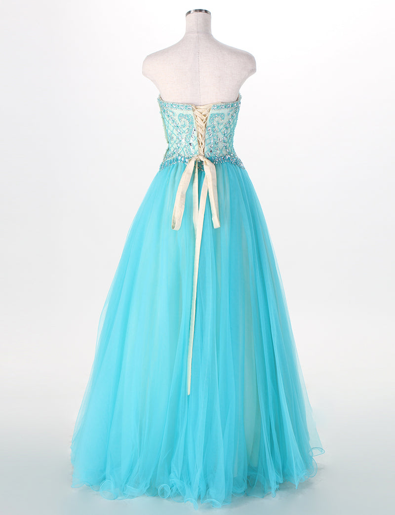 TWEED DRESS(ツイードドレス)のアクアブルーロングドレス・チュール｜TM1619-ABLのトルソー全身背面画像です。