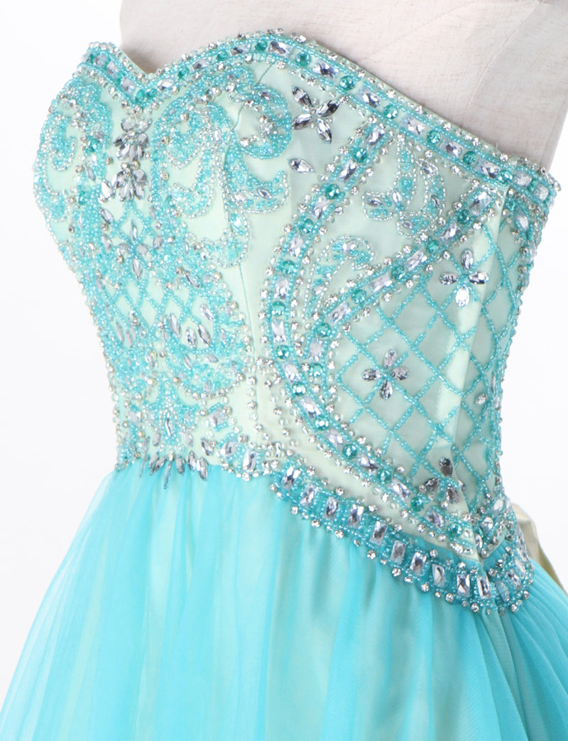 TWEED DRESS(ツイードドレス)のアクアブルーロングドレス・チュール｜TM1619-ABLのトルソー上半身斜め画像です。