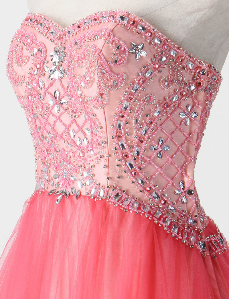 TWEED DRESS(ツイードドレス)のルージュピンクロングドレス・チュール｜TM1619-RPKのトルソー上半身斜め画像です。